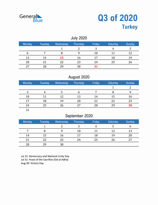 Turkey Q3 2020 Quarterly Calendar with Monday Start