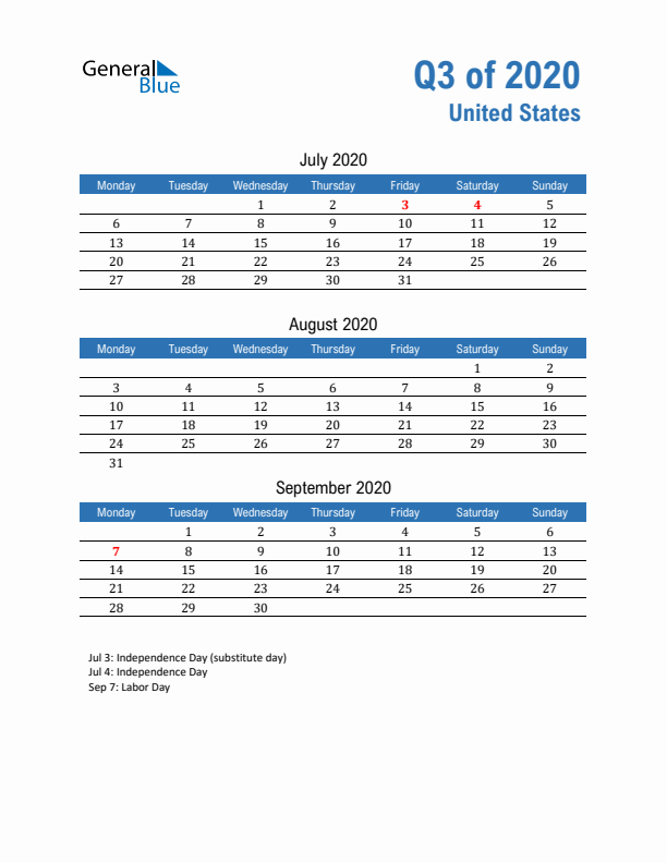 United States Q3 2020 Quarterly Calendar with Monday Start