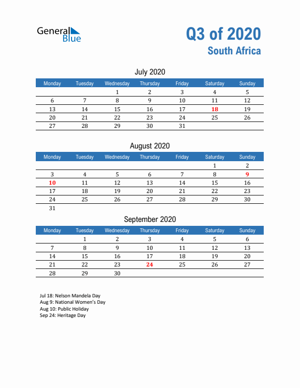 South Africa Q3 2020 Quarterly Calendar with Monday Start