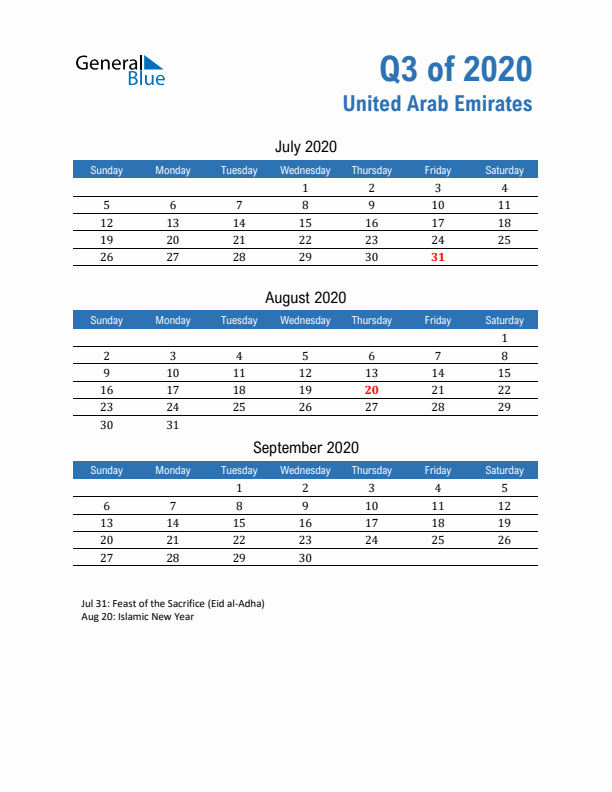 United Arab Emirates Q3 2020 Quarterly Calendar with Sunday Start