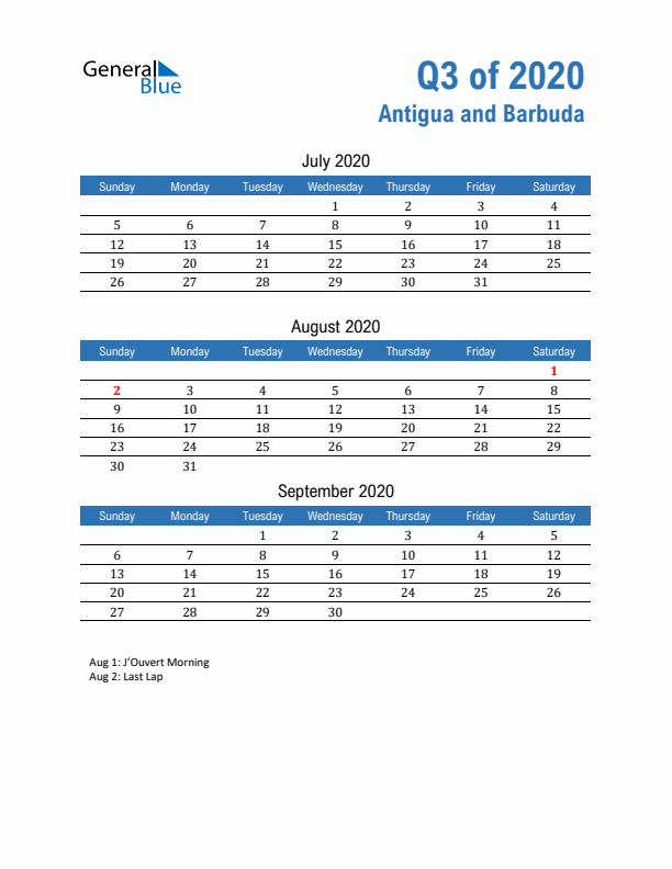 Antigua and Barbuda Q3 2020 Quarterly Calendar with Sunday Start