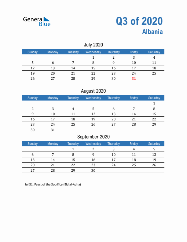 Albania Q3 2020 Quarterly Calendar with Sunday Start