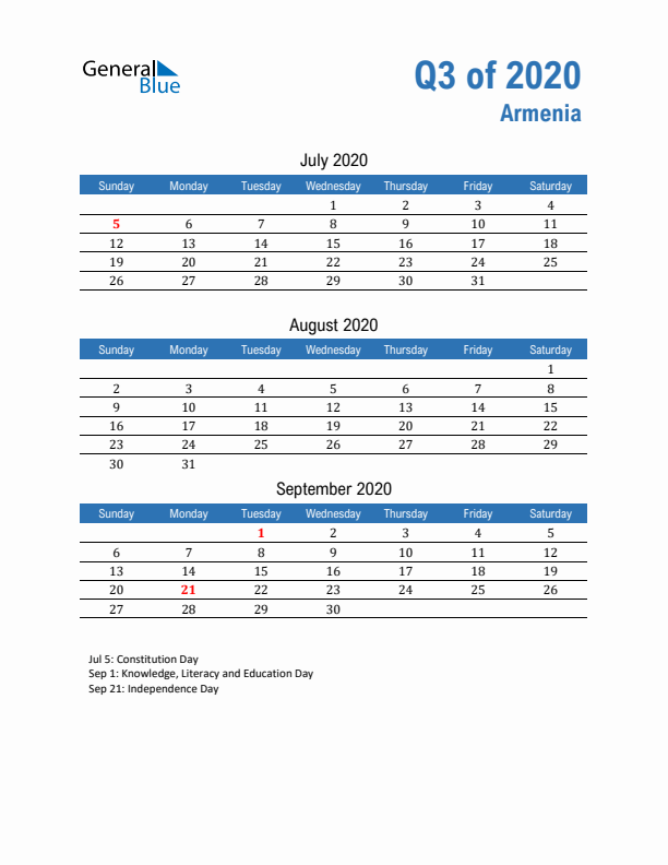 Armenia Q3 2020 Quarterly Calendar with Sunday Start