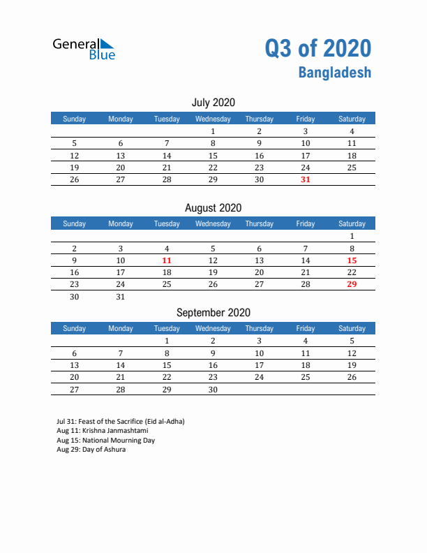 Bangladesh Q3 2020 Quarterly Calendar with Sunday Start