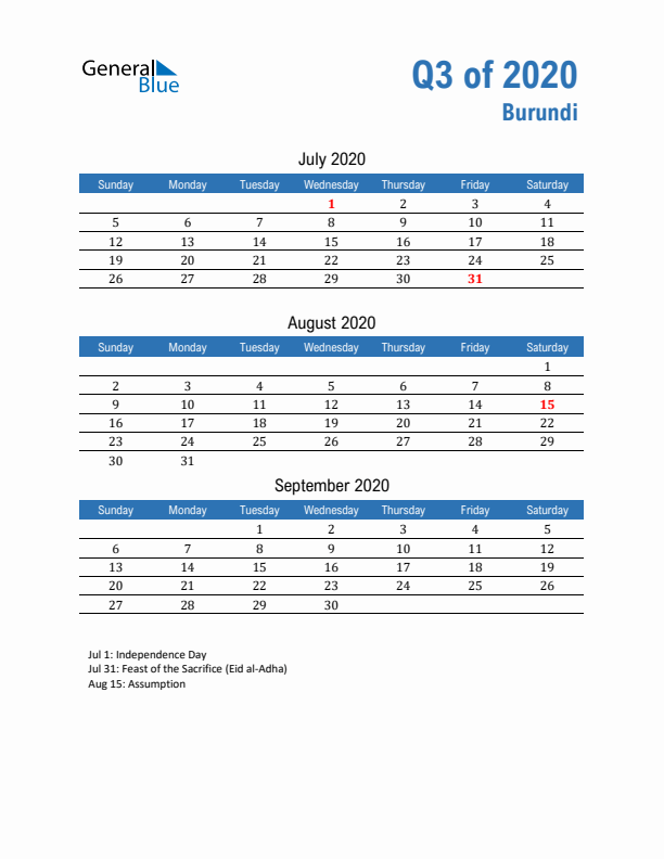 Burundi Q3 2020 Quarterly Calendar with Sunday Start