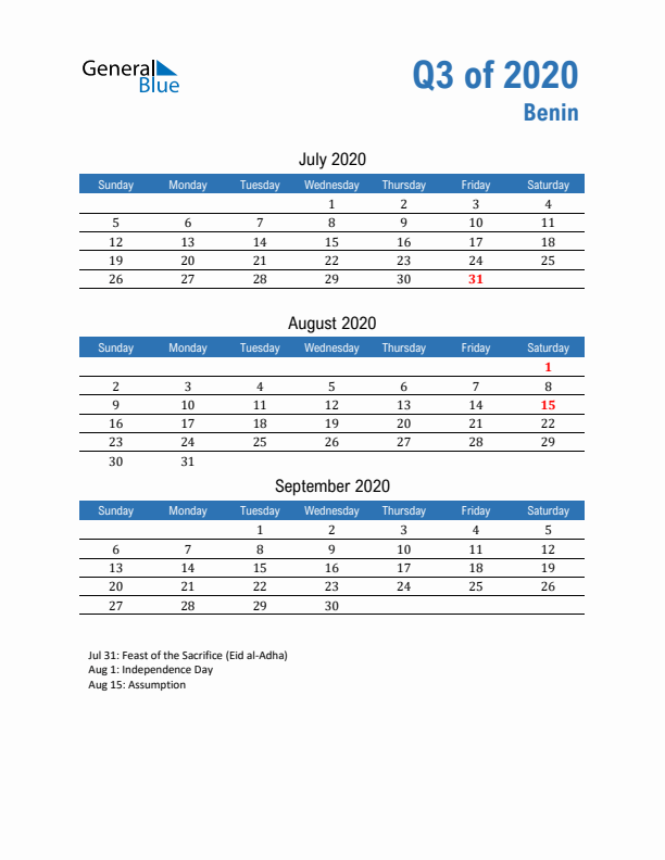 Benin Q3 2020 Quarterly Calendar with Sunday Start