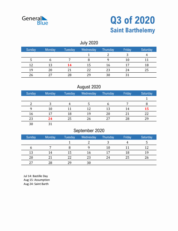 Saint Barthelemy Q3 2020 Quarterly Calendar with Sunday Start