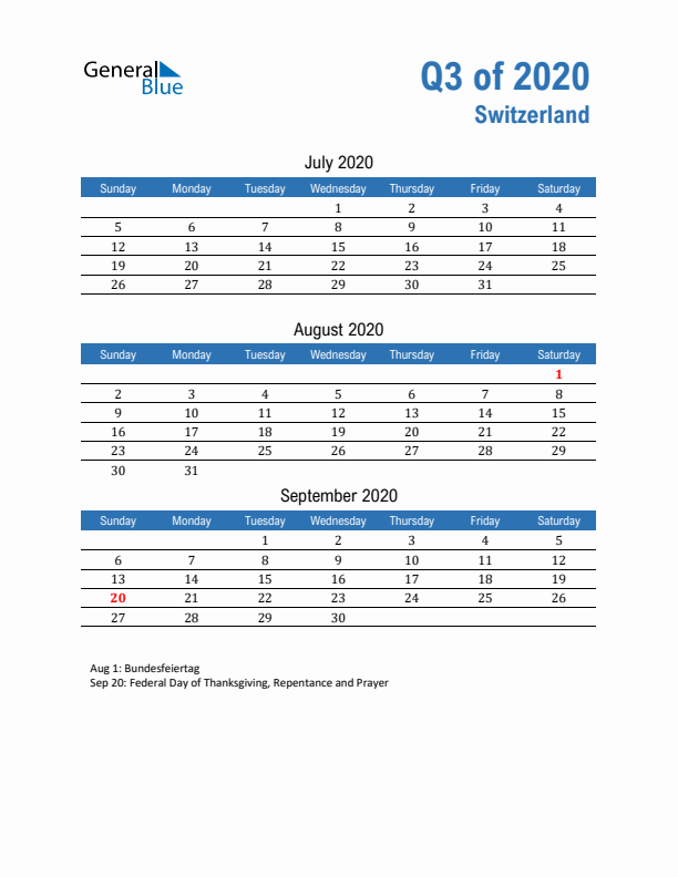 Switzerland Q3 2020 Quarterly Calendar with Sunday Start