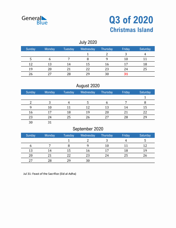 Christmas Island Q3 2020 Quarterly Calendar with Sunday Start