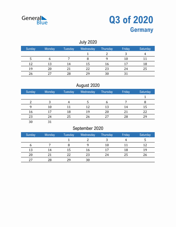 Germany Q3 2020 Quarterly Calendar with Sunday Start