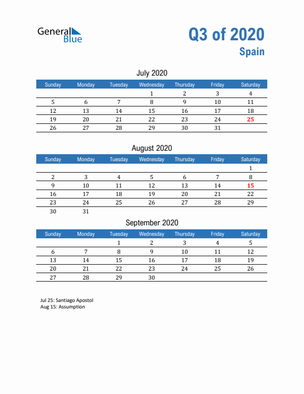 Spain Q3 2020 Quarterly Calendar with Sunday Start