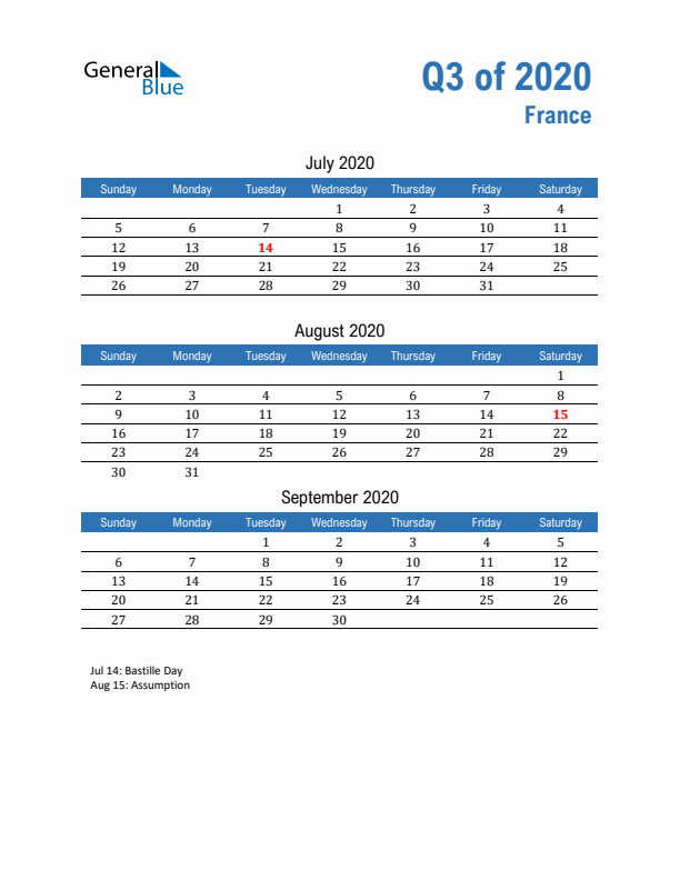 France Q3 2020 Quarterly Calendar with Sunday Start