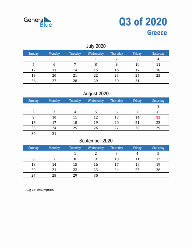 Greece Q3 2020 Quarterly Calendar with Sunday Start