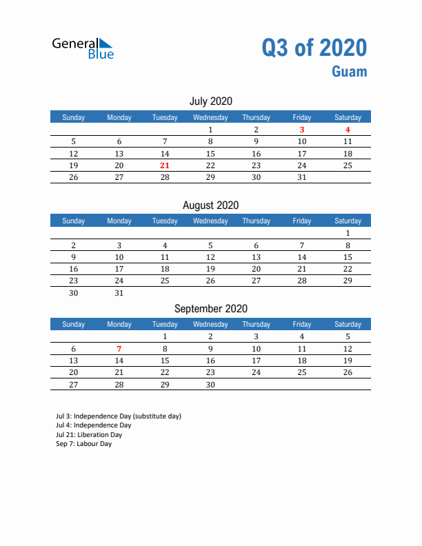 Guam Q3 2020 Quarterly Calendar with Sunday Start