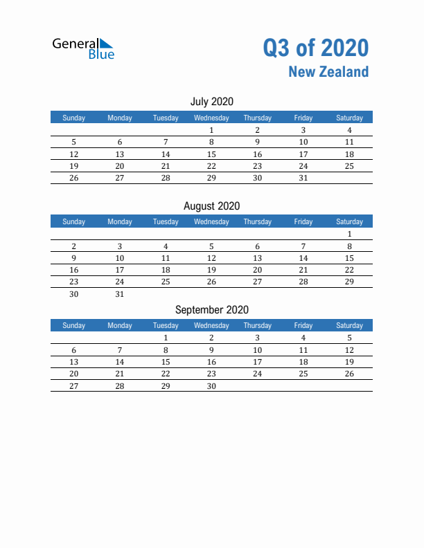 New Zealand Q3 2020 Quarterly Calendar with Sunday Start