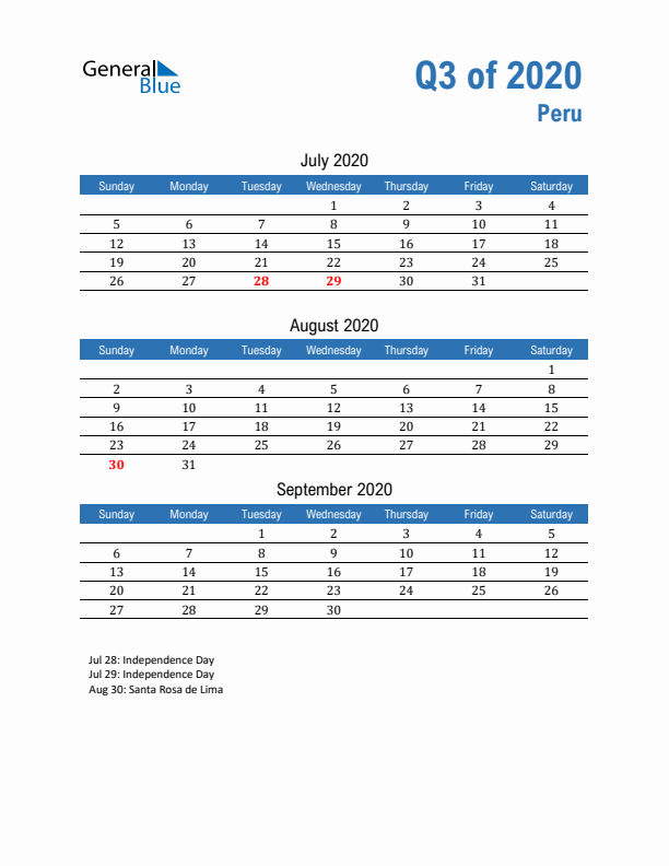 Peru Q3 2020 Quarterly Calendar with Sunday Start