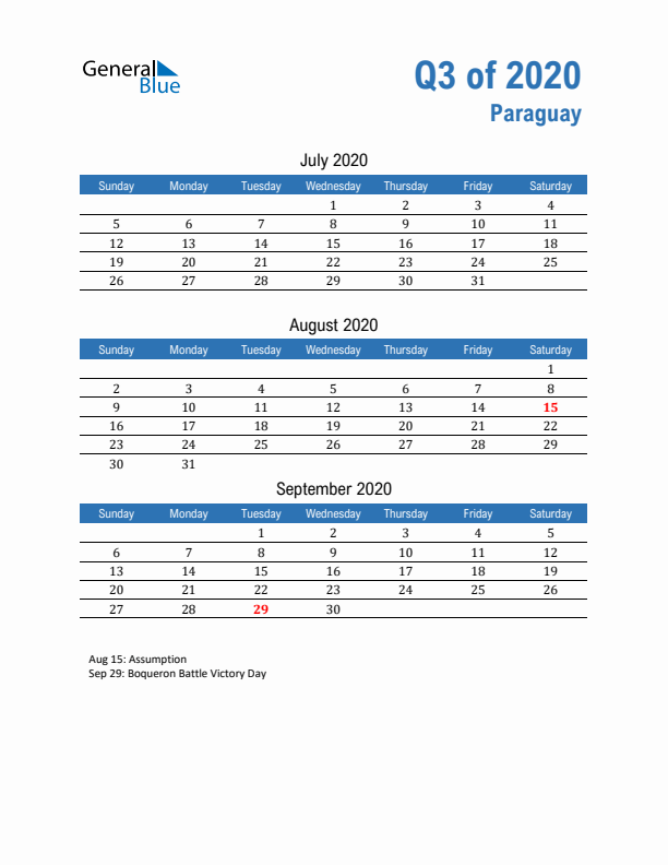 Paraguay Q3 2020 Quarterly Calendar with Sunday Start