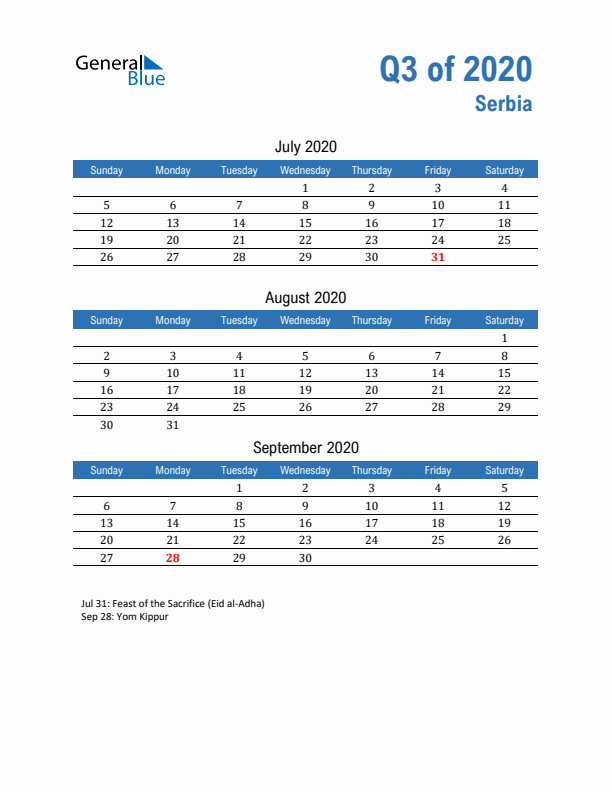 Serbia Q3 2020 Quarterly Calendar with Sunday Start