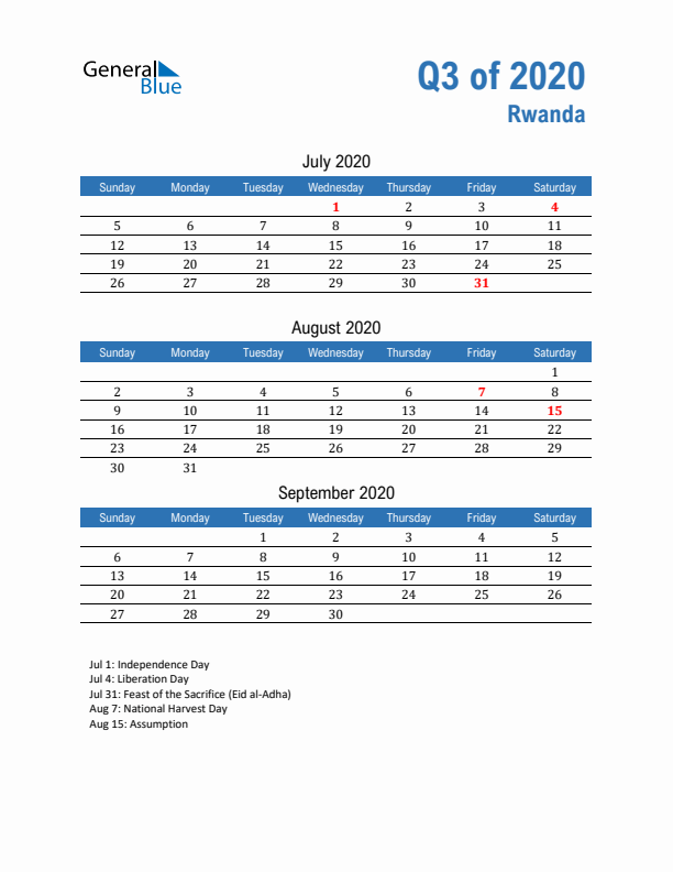 Rwanda Q3 2020 Quarterly Calendar with Sunday Start