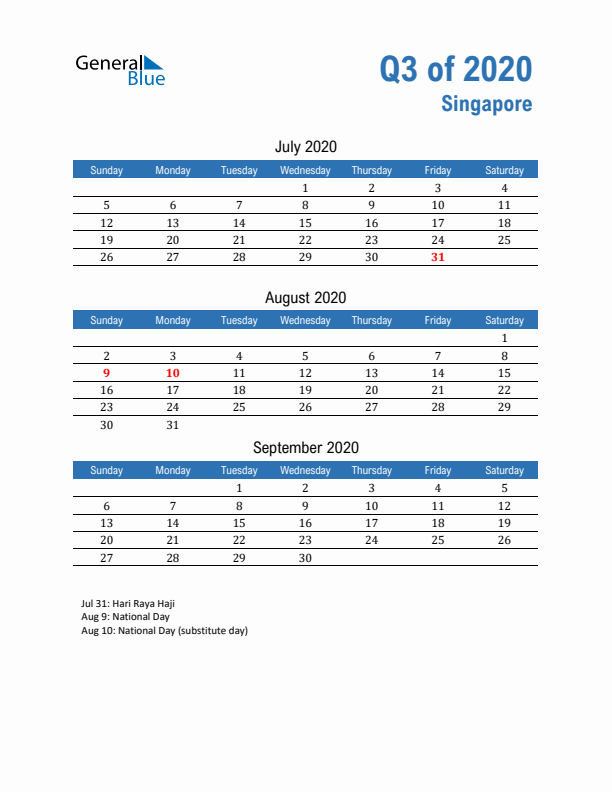 Singapore Q3 2020 Quarterly Calendar with Sunday Start