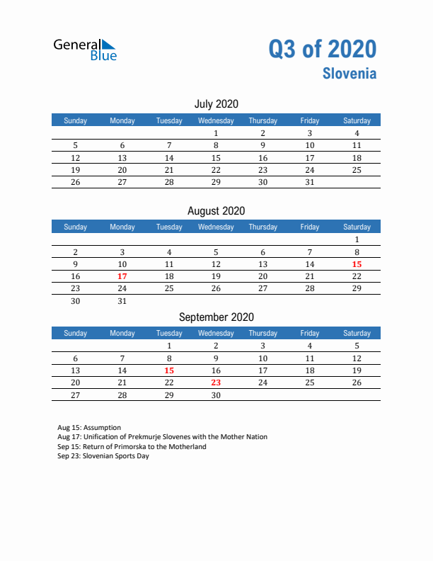 Slovenia Q3 2020 Quarterly Calendar with Sunday Start