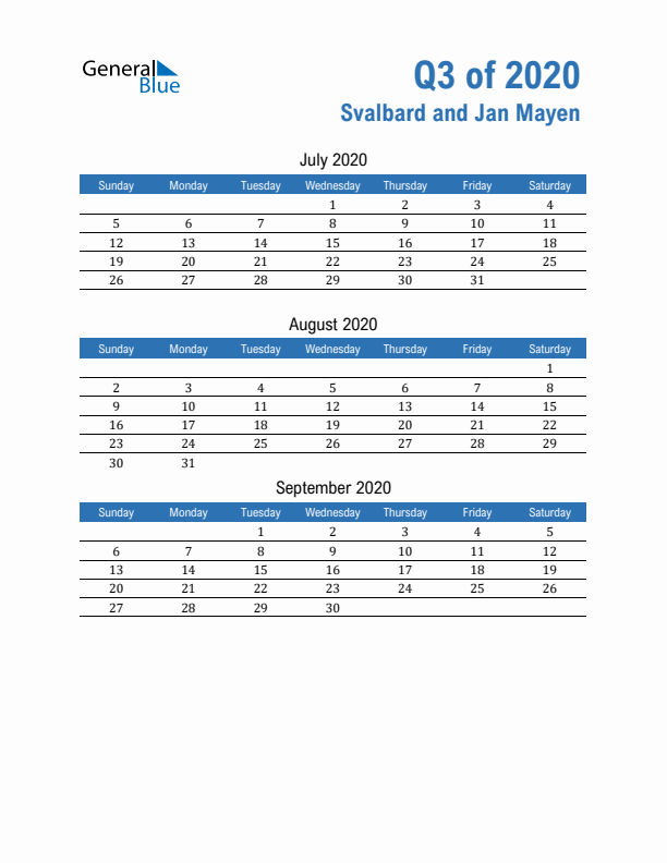 Svalbard and Jan Mayen Q3 2020 Quarterly Calendar with Sunday Start