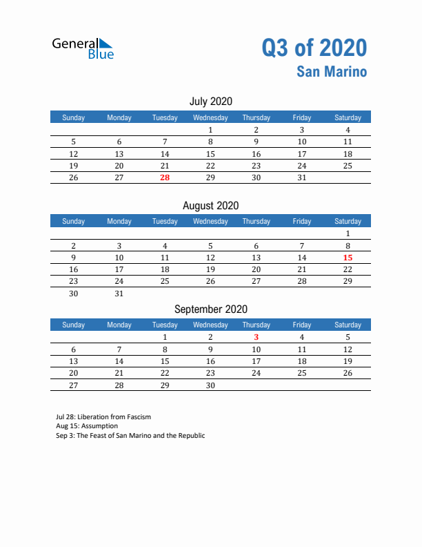 San Marino Q3 2020 Quarterly Calendar with Sunday Start