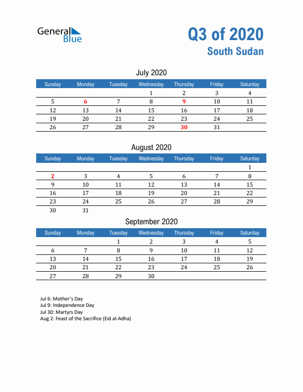 South Sudan Q3 2020 Quarterly Calendar with Sunday Start