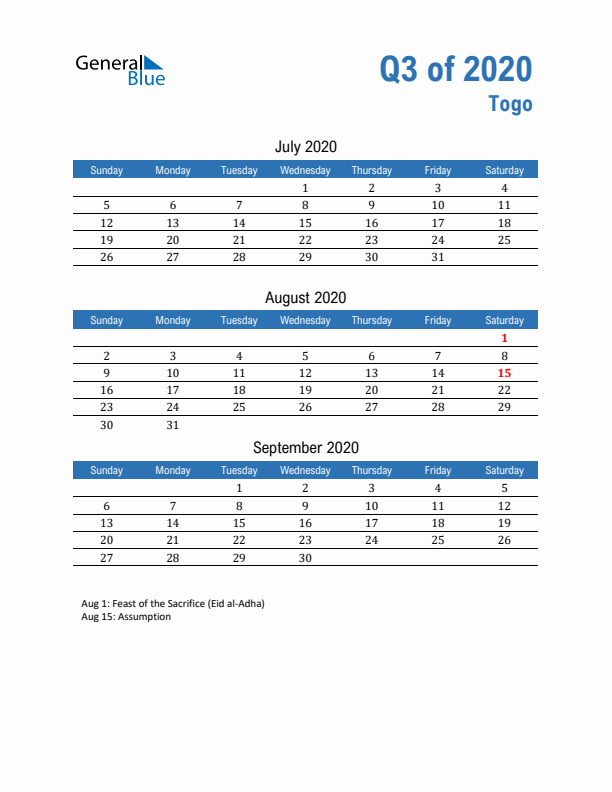 Togo Q3 2020 Quarterly Calendar with Sunday Start