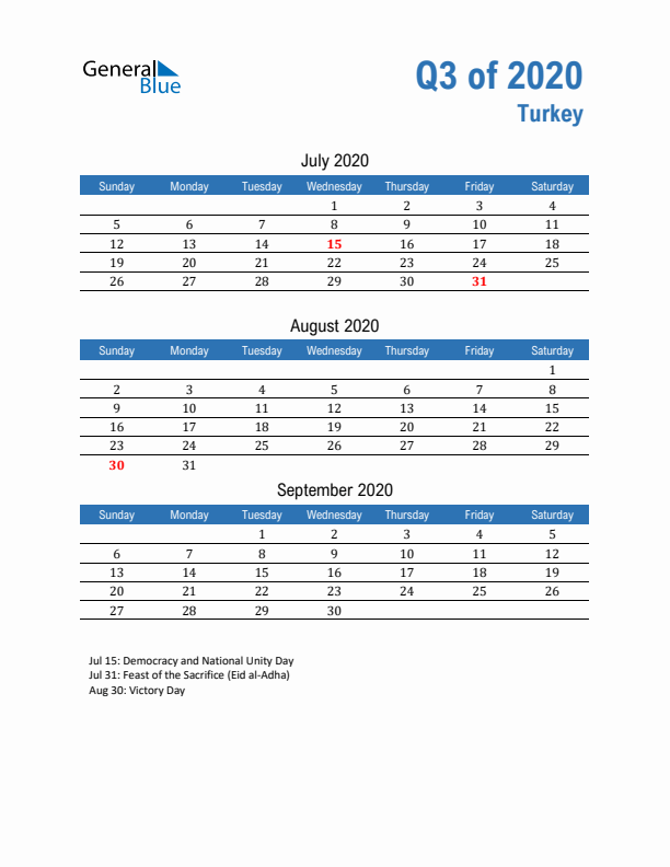 Turkey Q3 2020 Quarterly Calendar with Sunday Start