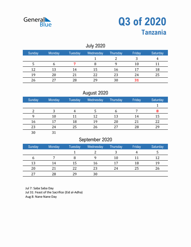 Tanzania Q3 2020 Quarterly Calendar with Sunday Start