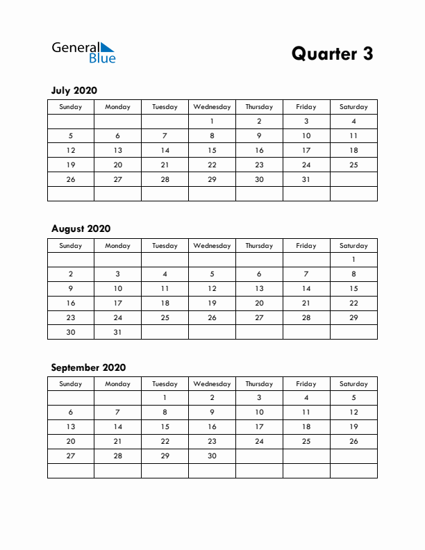 Quarter 3 2020 Calendar - Sunday Start