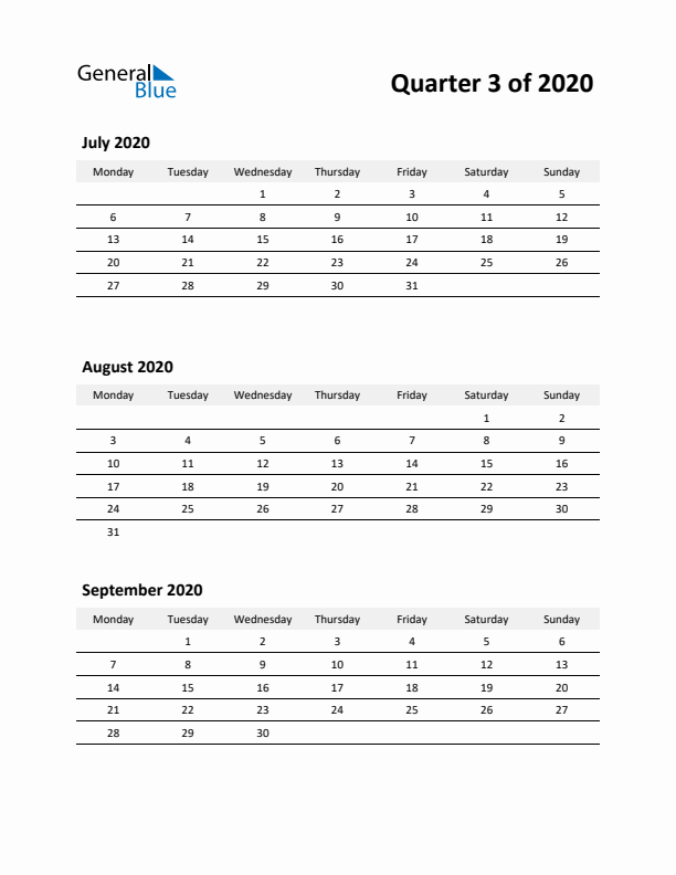 2020 Three-Month Calendar (Quarter 3)