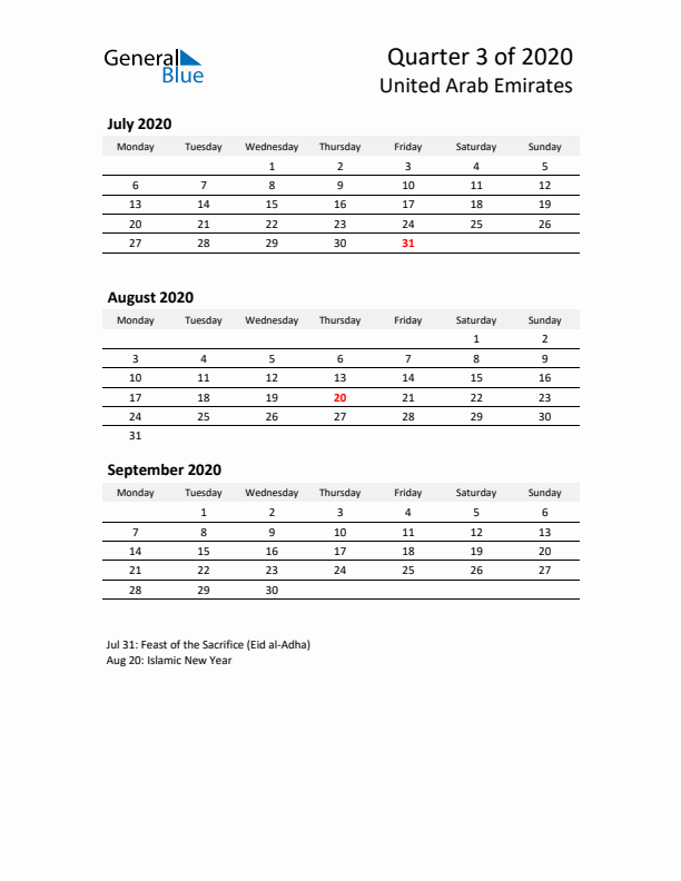 2020 Q3 Three-Month Calendar for United Arab Emirates