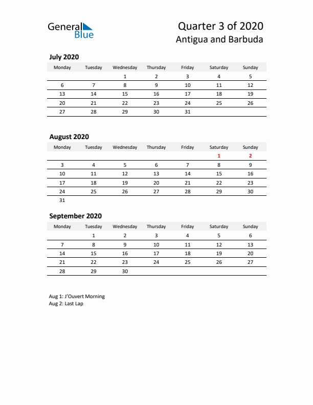 2020 Q3 Three-Month Calendar for Antigua and Barbuda