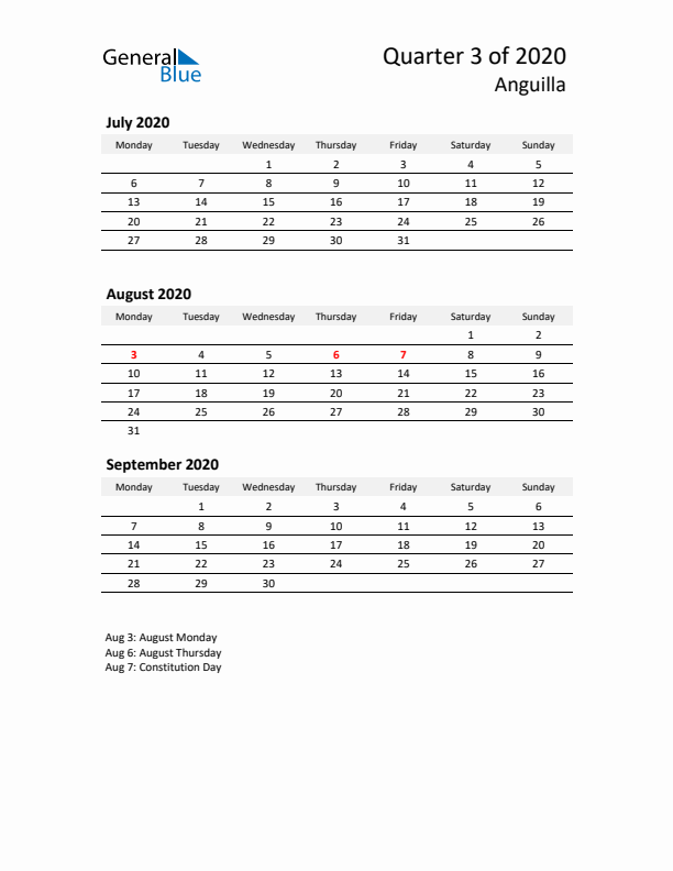 2020 Q3 Three-Month Calendar for Anguilla