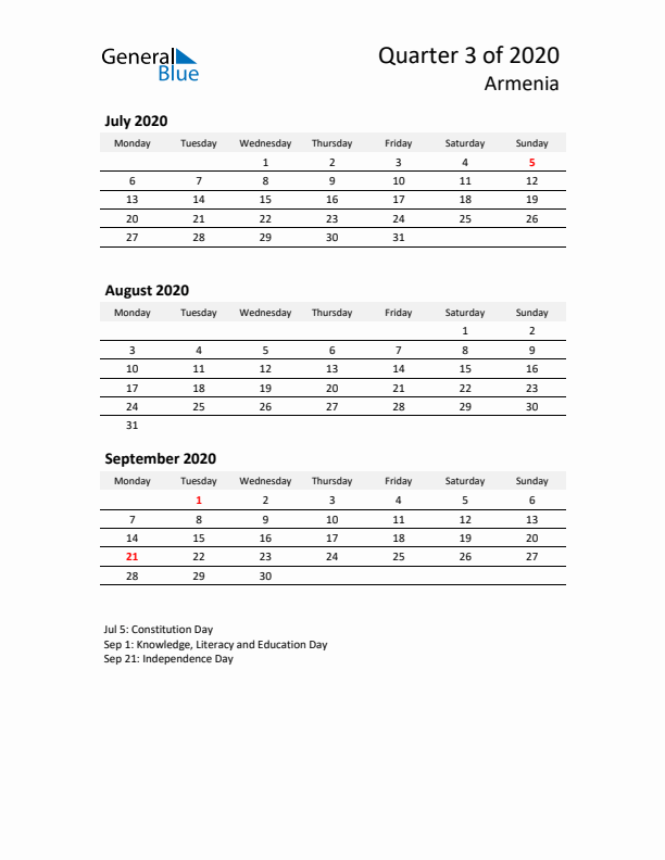 2020 Q3 Three-Month Calendar for Armenia