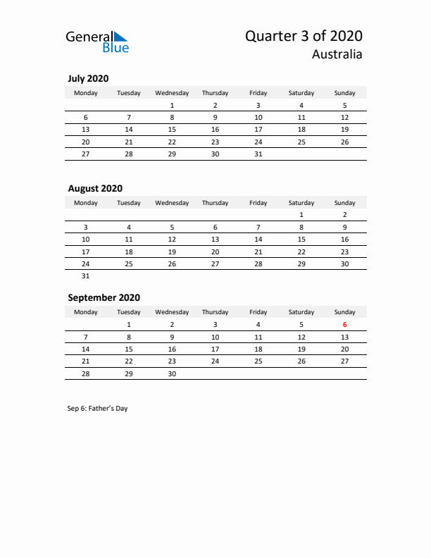 2020 Q3 Three-Month Calendar for Australia