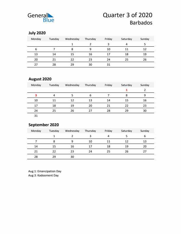 2020 Q3 Three-Month Calendar for Barbados