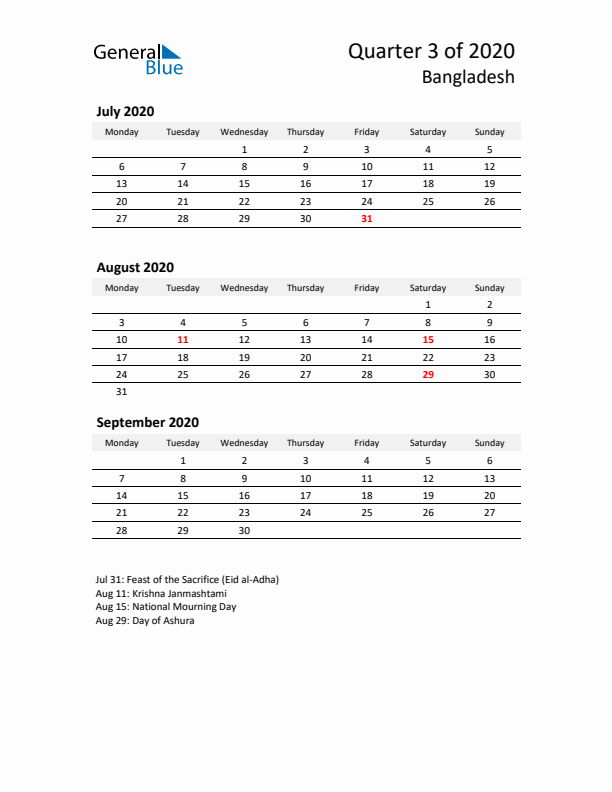 2020 Q3 Three-Month Calendar for Bangladesh