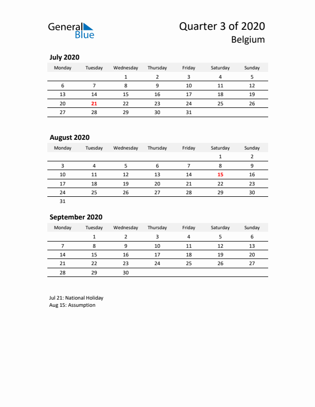 2020 Q3 Three-Month Calendar for Belgium