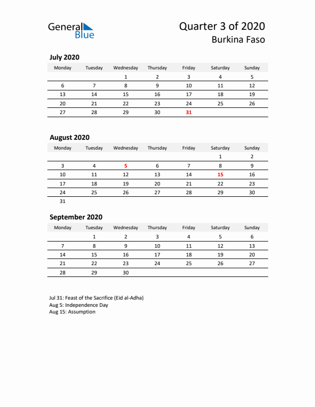 2020 Q3 Three-Month Calendar for Burkina Faso