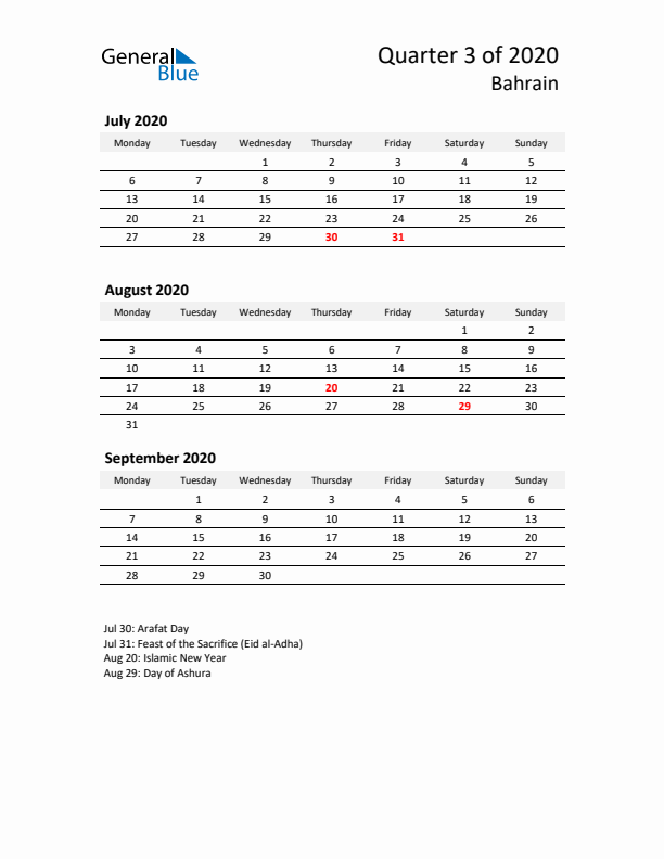 2020 Q3 Three-Month Calendar for Bahrain