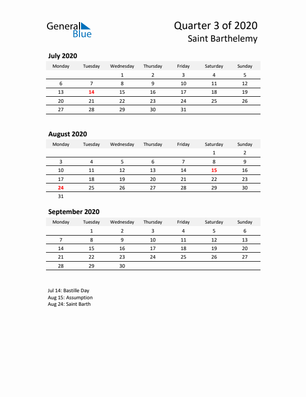 2020 Q3 Three-Month Calendar for Saint Barthelemy