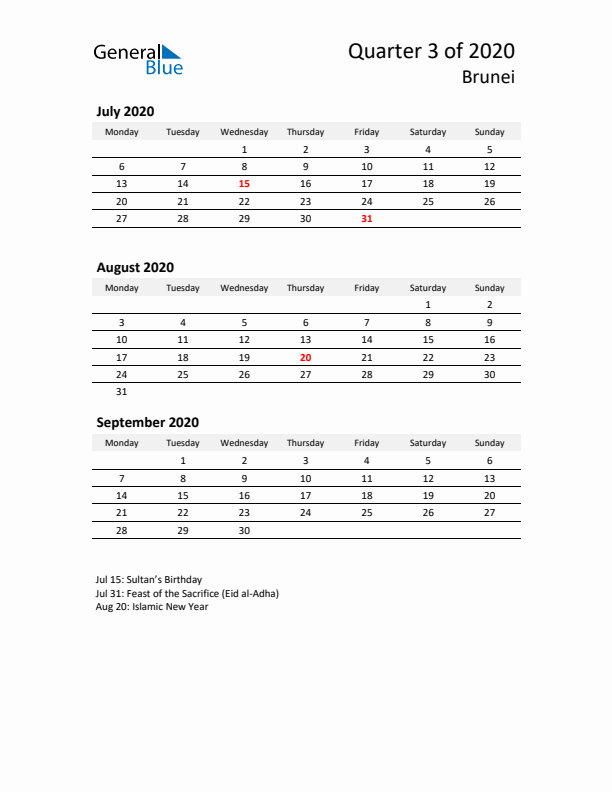 2020 Q3 Three-Month Calendar for Brunei