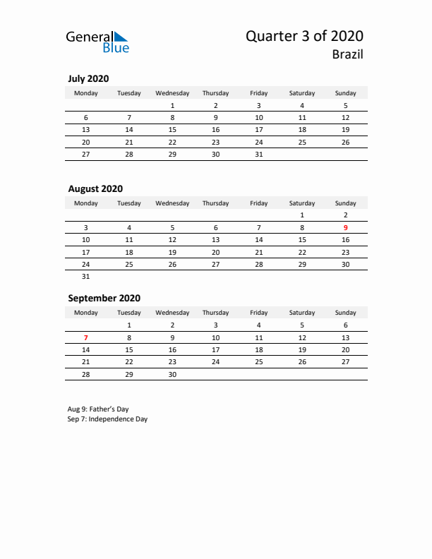 2020 Q3 Three-Month Calendar for Brazil