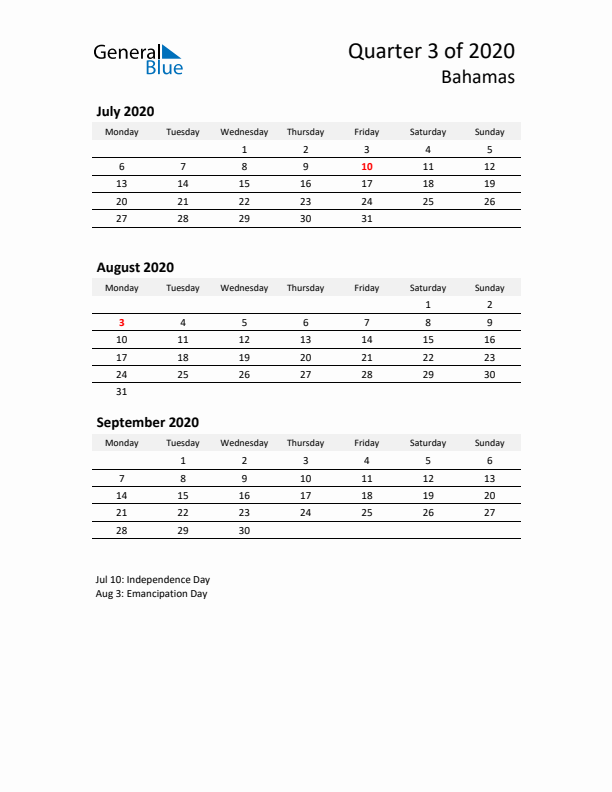 2020 Q3 Three-Month Calendar for Bahamas