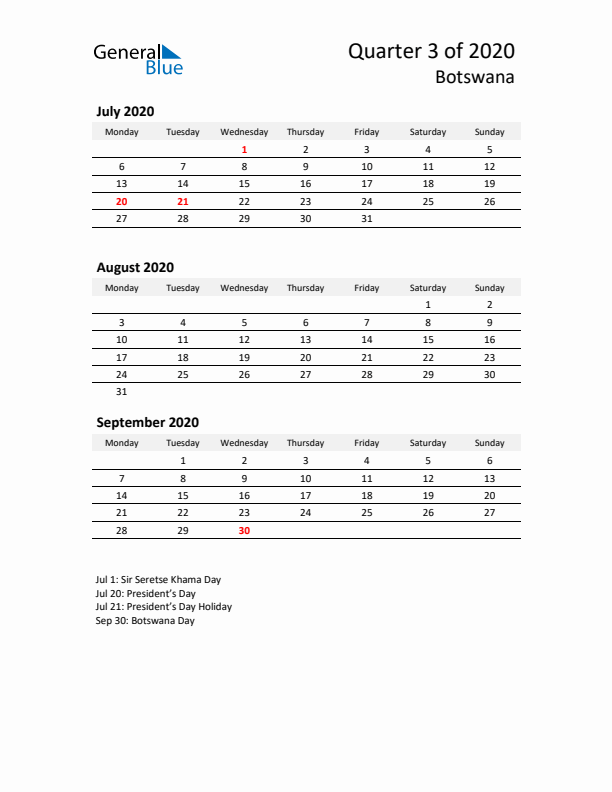 2020 Q3 Three-Month Calendar for Botswana