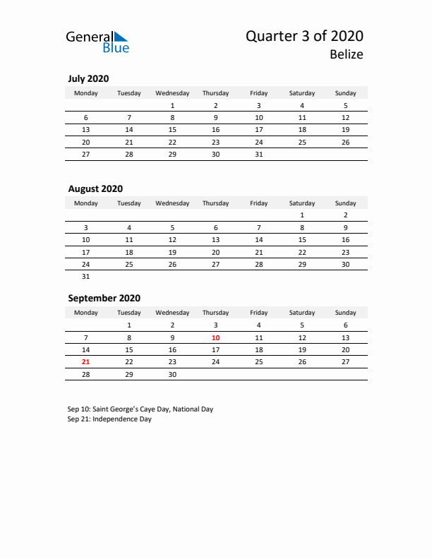 2020 Q3 Three-Month Calendar for Belize