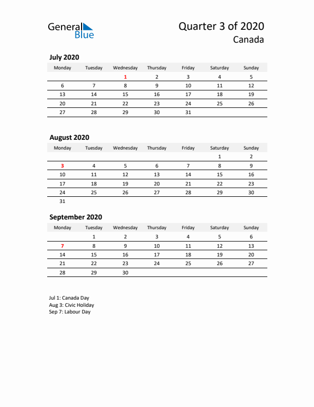 2020 Q3 Three-Month Calendar for Canada